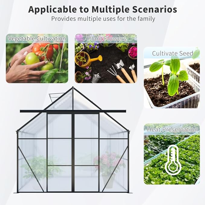 Heavy-Duty Walk-in Polycarbonate Greenhouse with Dual Sliding Doors, Adjustable Roof Ventilation, and Galvanized Steel Base for Year-Round Outdoor Gardening (Black 8*10FT)
