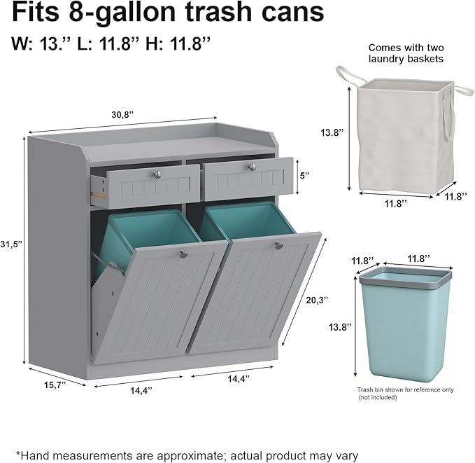 Double Tilt Out Trash Can Cabinet, Dog-Resistant, Fits 13.8"H Bins (Max 11.8"x11.8" Base), Includes Removable Fabric Hamper, Easy Assembly, Grey for Kitchen & Laundry