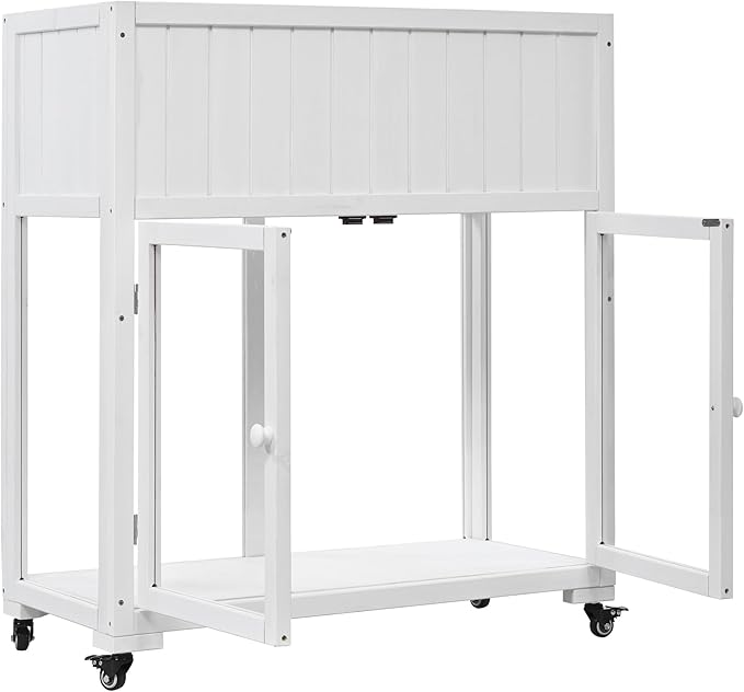 35.4'' x 17.7'' x 37.4'' Wooden Cold Frame with Double Doors and Wheels, Raised Garden Bed with Liner for Outdoor and Indoor Plants, White