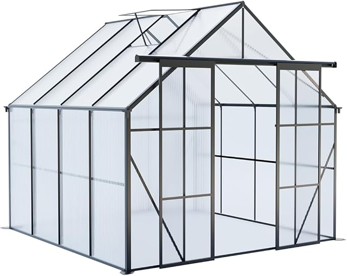 Double Sliding Door Polycarbonate Greenhouse with Rain Gutter and Roof Vent, Raised Base and Anchor Aluminum Heavy Duty Walk-in Green House, Outdoor Patio Sunroom (Black, 97.75*94.5*89.5in)