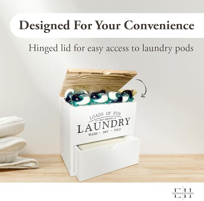 Wooden Laundry Pods Container - Multi-Use Laundry Containers for Organizing - Laundry Pod Dispenser - Detergent Pods & Dryer Sheet Container (White)