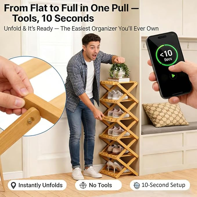 The 9-Tier No-Assembly Bamboo Rack, Foldable Stackable 9 Tier Bamboo Shoe Rack Vertical Storage Sturdy & Stable, Tall Narrow Space-Saving Expandable Shoe Rack for Entryway Closet Dorm (Brown,5 Tiers)