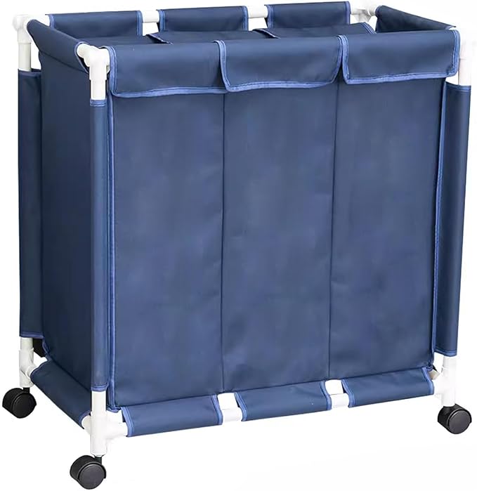 Laundry Sorter 3 Section with Lid 95 L Laundry Hamper with Wheels Reinforced Sealing Multi-Purpose Laundry Basket with Removable Inner Pocket(Blue)
