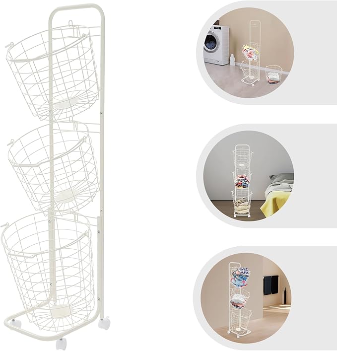 3-Tier Laundry Cart with Locking Wheels & Removable Hampers - Metal Garment Organizer for Home/Laundry Room/Dorm | Rolling Storage System Wire Metal Sorter