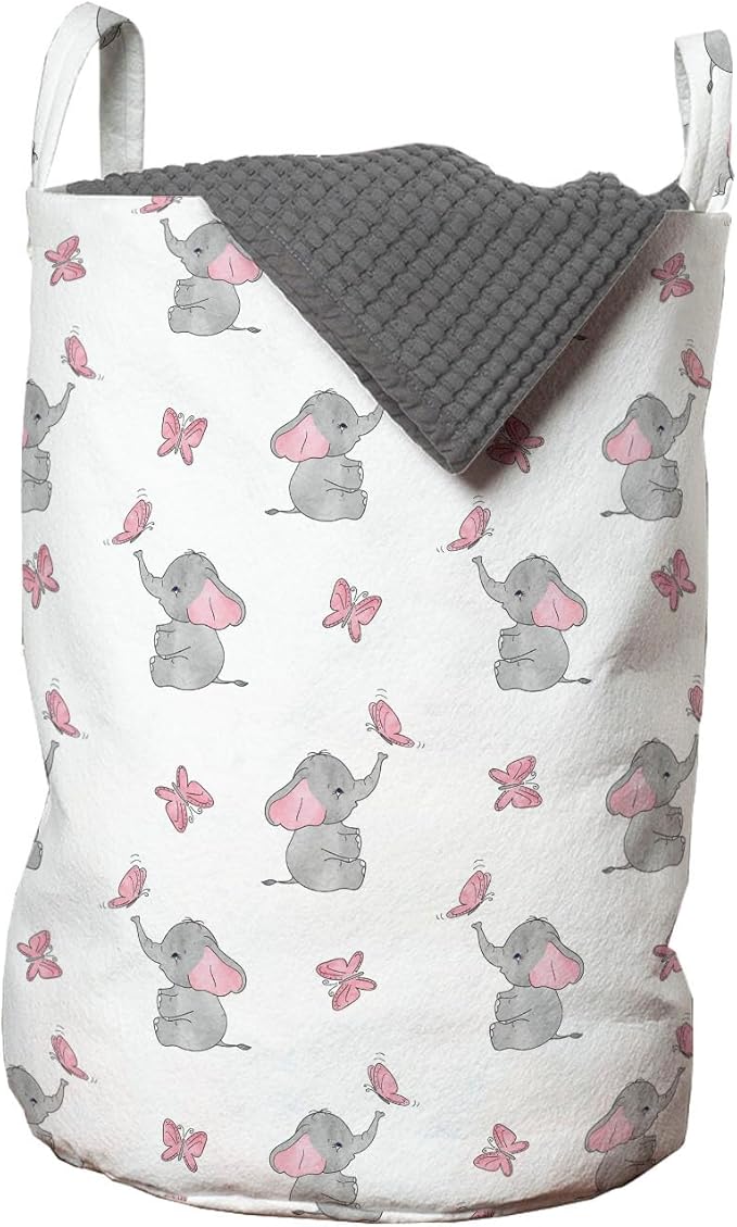 Ambesonne Animal Cartoon Laundry Bag Pack of 2, Playing Butterflies Design Pattern, Hamper Basket with Handles Drawstring Closure, 13" x 19", Grey Pink