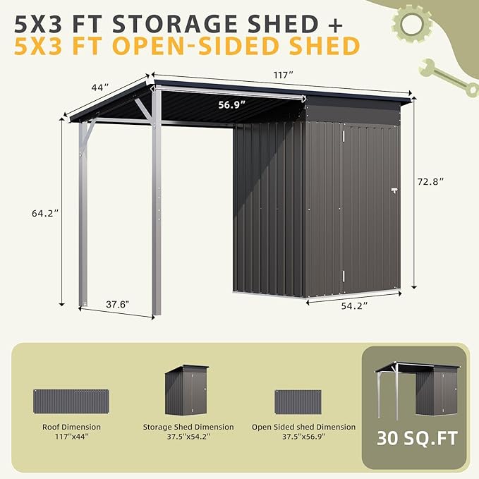 AECOJOY 5x3 FT Outdoor Storage Shed & Hardtop Gazebo Combo, 10x4 FT Metal Lean to Shed with 3‘x5’ Open Pergola, 2-in-1 Tool Sheds & Outdoor Storage for Patio, 30 Sq.Ft Covered