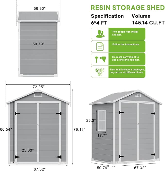 AIRAJ 6x4 FT Outdoor Storage Shed,Resin Storage Shed with Floor/Window/Vent/Roof Rainwater Drainage/Lockable Door,All-Weather Garden House,for Backyard, Garden,Poolside,Bike,Lawn Mower,Patio Furniture