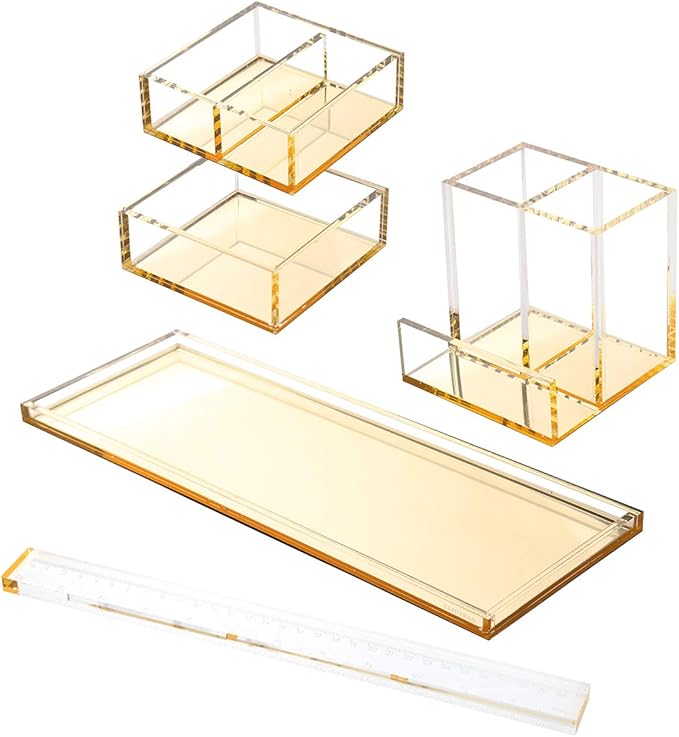 Acrylic Desk Organizer 4-Piece Desk Kit + Free Complimentary Acrylic Ruler, Desktop Organization for Office or Home (Gold)