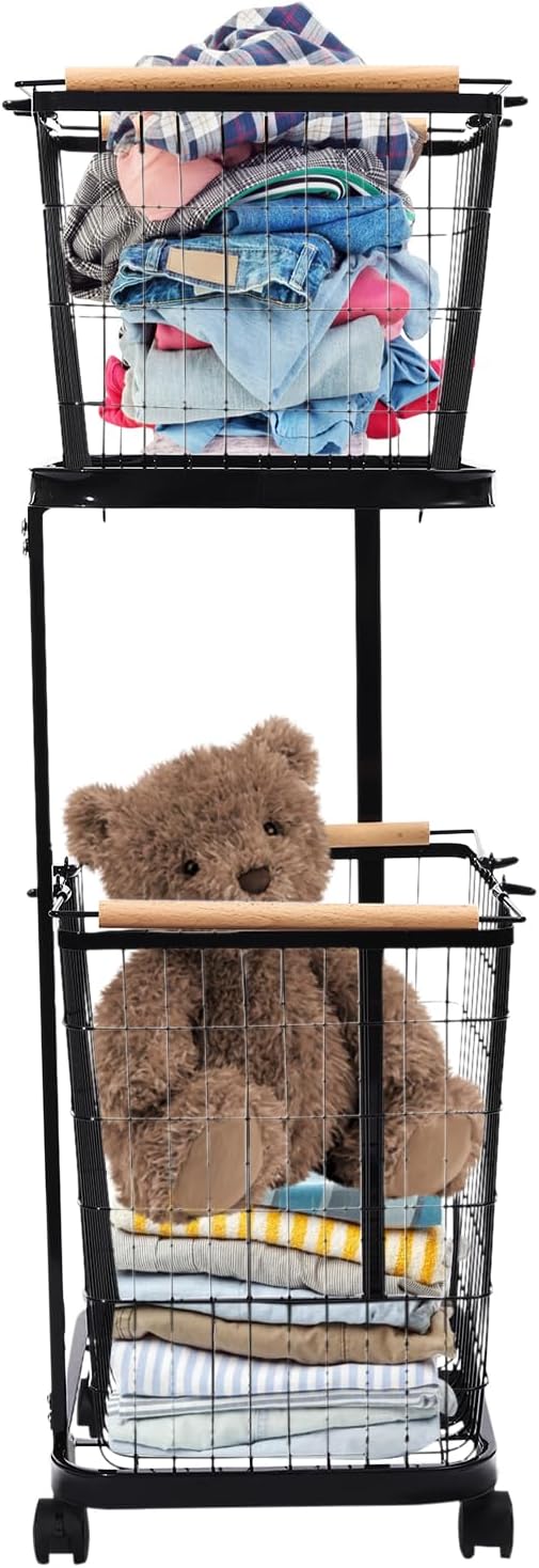 2 Tier Laundry Sorter,Metal Laundry Basket With Wheels,Vertical Rolling Laundry Cart for Bathroom Storage & Laundry Room