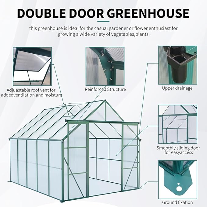 Double Sliding Door Polycarbonate Greenhouse with Rain Gutter and Roof Vent, Raised Base and Anchor Aluminum Heavy Duty Walk-in Green House, Outdoor Patio Sunroom (Green, 121.25*94.5*89.5in)