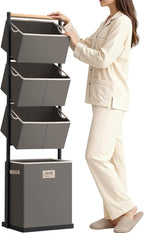 SOLEDI 4 Section Laundry Hamper Sorter, Stackable Laundry Basket Organizer with Removable Basket, 125L 4-Tier Vertical Laundry Sorter for Small Space, Laundry Room, Dorm, Bathroom, Wardrobe Grey
