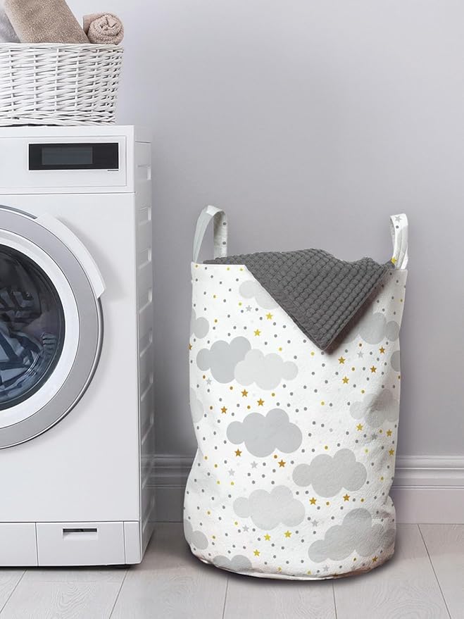 Ambesonne Clouds Laundry Bag Pack of 2, Themed Pattern with Dreamy Sky with Dots and Stars, Hamper Basket with Handles Drawstring Closure, 13" x 19", Grey Coffee