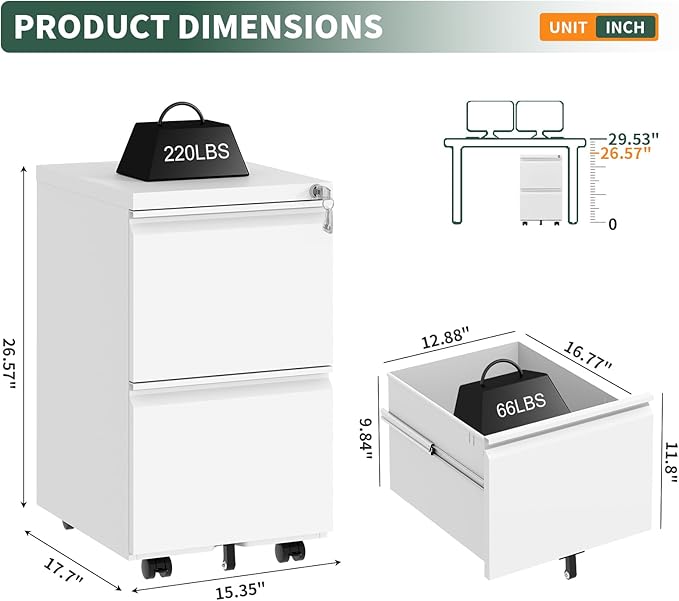 2 Drawer File Cabinet with Lock,Under Desk Rolling Small Filing Cabinet for Home Office Storage, Mobile Steel Cabinets with Wheels, Fully Assembled, White