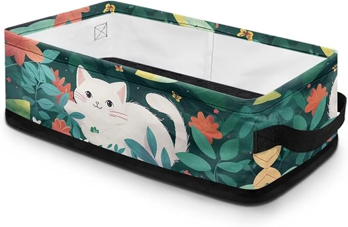 Small Bathroom Storage Basket Narrow Storage Bins Fabric Organizer Rectangular Bedroom Essentials Storage Container for Home Office Organization, White Cat Flower Green Leaves