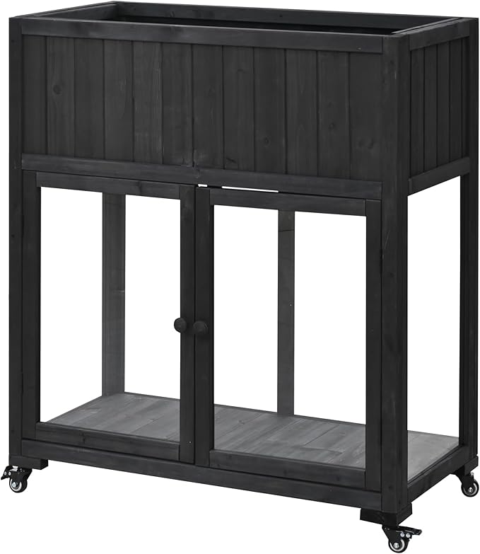 GOWE TOPMAX Patio 35.4''x17.7''x37.4'' Mini Wood Cold Frame, Compact 2 Doors Garden Greenhouse with Wheels, Raised Bed with Liner for Indoor Outdoor Use, Black