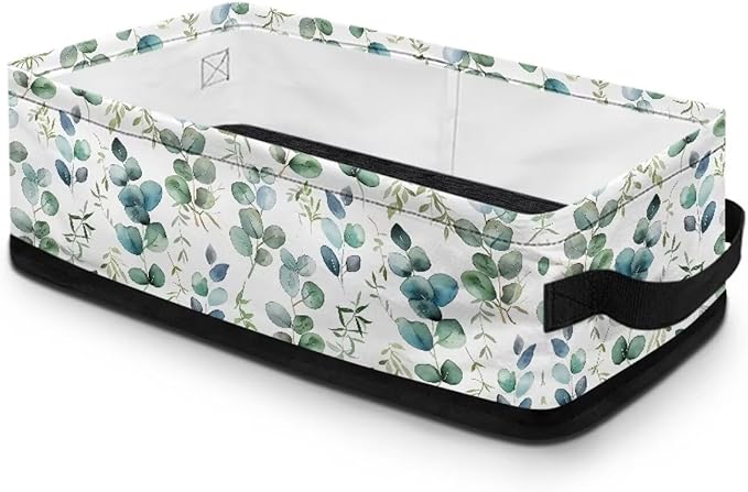Multi-purpose Storage Basket Small Storage Bins Collapsible Rectangular Toilet Paper Basket Organizer for Bathroom Bedroom Kitchen Office Organization, Eucalyptus Leaf