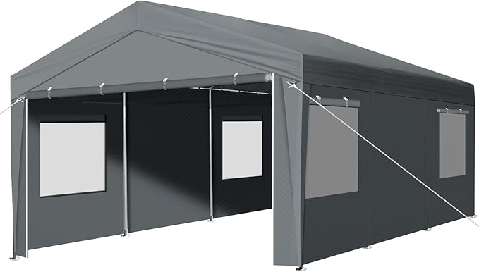 VINGLI 10x20 Carport with Galvanized Steel Frame, Portable Garage with 2 Roll-up Windows & Doors, Removable Sidewalls on Heavy Duty Carport Tents for Cars, Boats, Trucks, Dark Gray