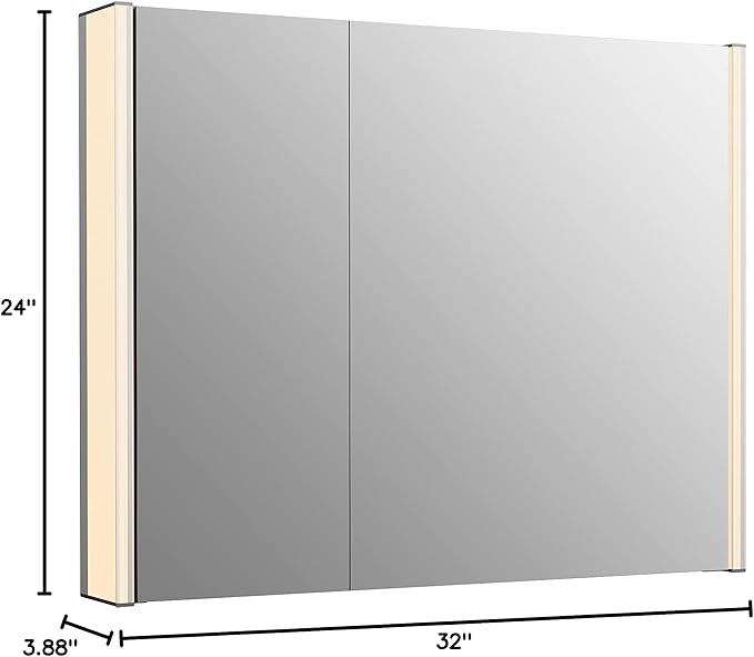 Kohler 81146-SLE-DA1 Maxstow Frameless Two-Door Medicine Cabinet Mirror with Lights, LED Light, Mirror Door & Staggered Shelves, Rectangular Frame, 32 in. W x 24 in. H