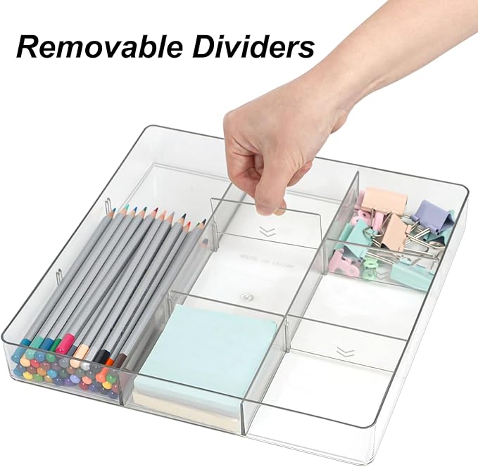 Adjustable Clear Drawer Organizer, Plastic Drawer Divider Tray with Removable 9 Sections for Desk,Bathroom,Office,Makeup,Junk