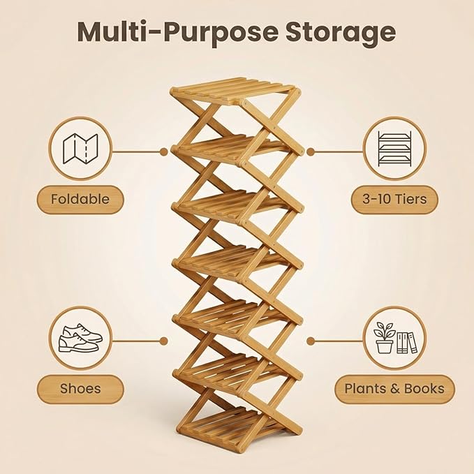 The 9-Tier No-Assembly Bamboo Rack, 3-9 Tiers Bamboo Shoe Rack, Foldable Bamboo Vertical Shoe Organizer, Multifunctional & Space-Saving, For Entryway, Closet, Corner, Bedroom, Hallway (Wood, 8Tiers)
