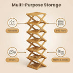 The 9-Tier No-Assembly Bamboo Rack, 3-9 Tiers Bamboo Shoe Rack, Foldable Bamboo Vertical Shoe Organizer, Multifunctional & Space-Saving, For Entryway, Closet, Corner, Bedroom, Hallway (Wood, 5Tiers)
