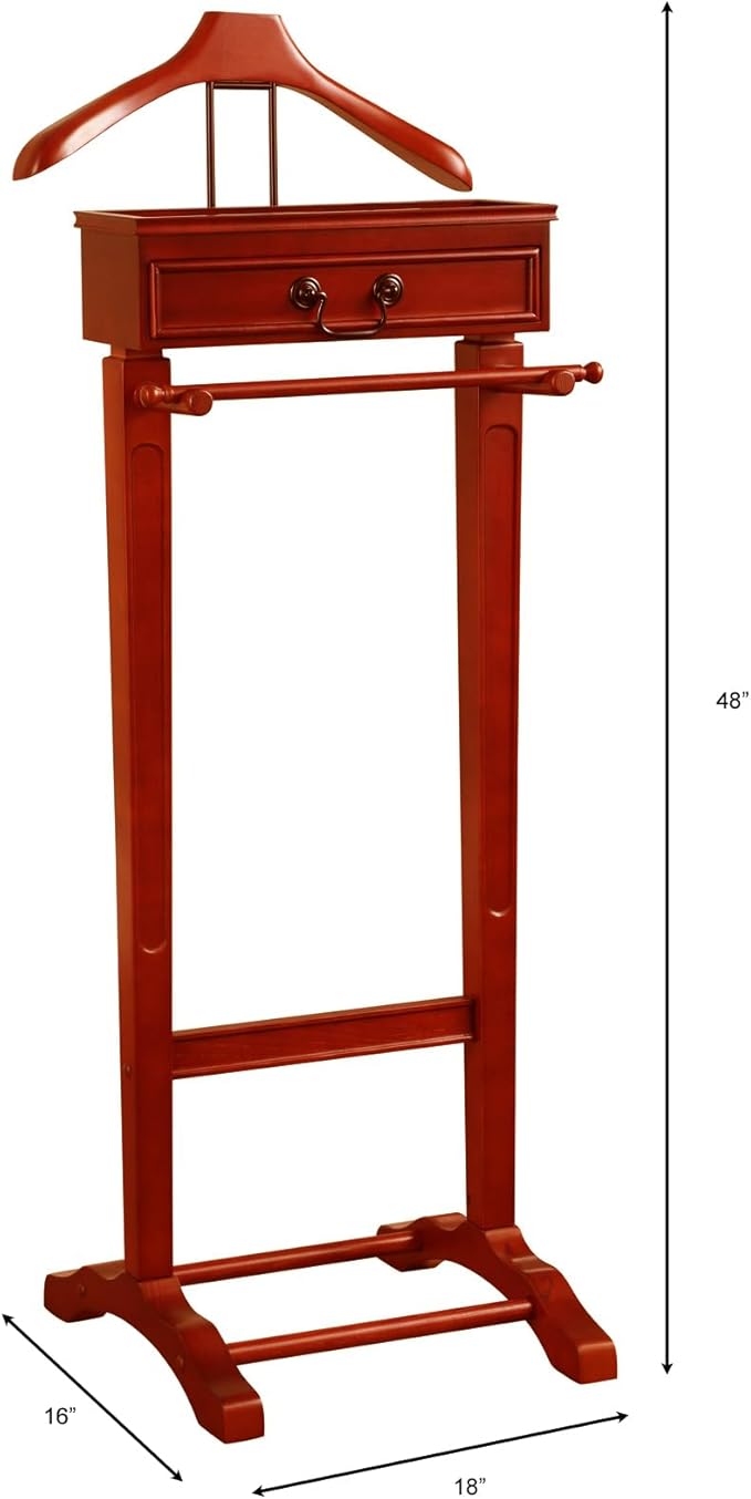 Proman Products Bombay Suit Valet Stand VL26700 with Drawer, Top Tray, Contour Hanger, Trouser Bar, and Shoe Rack, 18" W x 16" D x 48" H, Cherry
