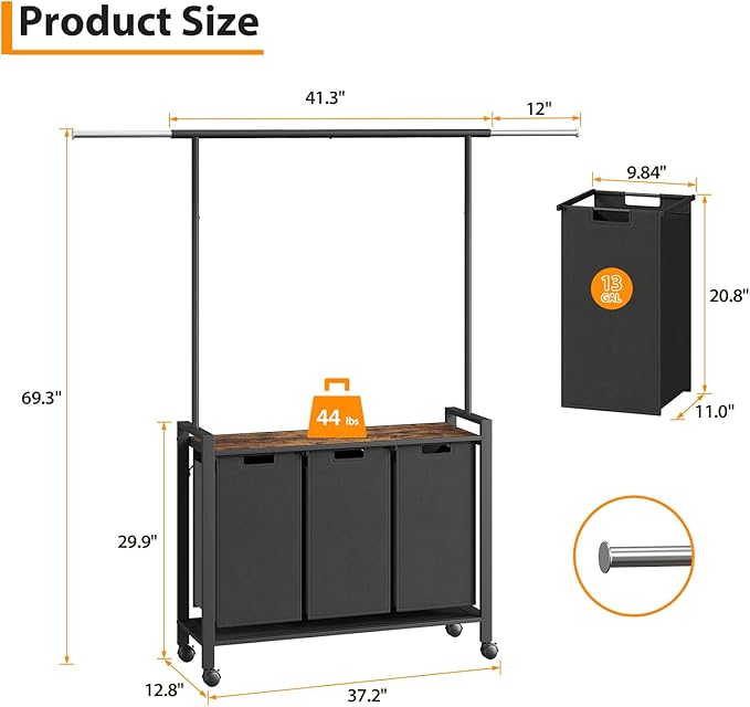 Laundry Sorter Cart with Extendable Hanging Rod, Compact 3 Section Laundry Hamper On Wheels for Apartments, Rolling Laundry Organizer, Dirty Cloth Hamper for Bathroom Laundry