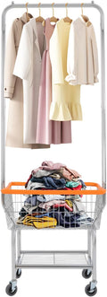 70"H Laundry Cart, Rolling Laundry Basket with Hanging Rack & Wheels, Metal Steel Wire Clothes Hamper with Storage Shelf for Homes, Hotels, Bathrooms & Commercial Laundry, 110lbs Capacity (C)