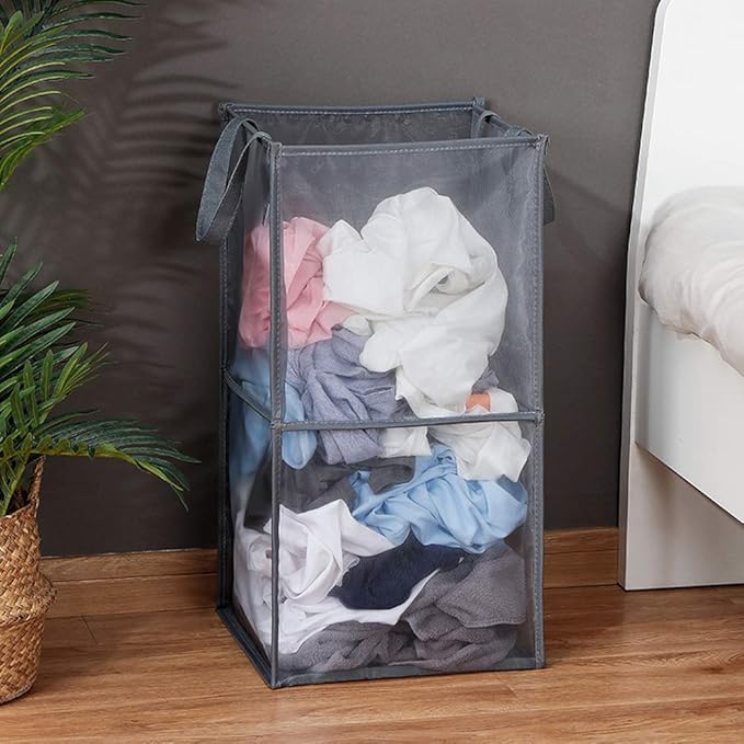 HONOMA Laundry Bags Hamper Bag with Handles,Portable & Collapsible Dirty Clothes Mesh Basket Foldable for Washing Storage, Kids Room,Dorm or Travel (Black,Double-Layer)