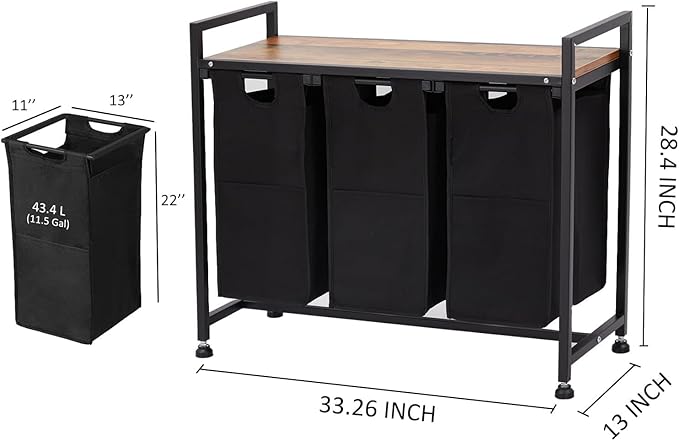 Laundry Sorter Basket with 3 Compartments & Detachable Liners, 3 x 12.1 Gal, Pull-Out Oxford Fabric Bins with Ventilated Shelf for Bathroom/Laundry Room Organization