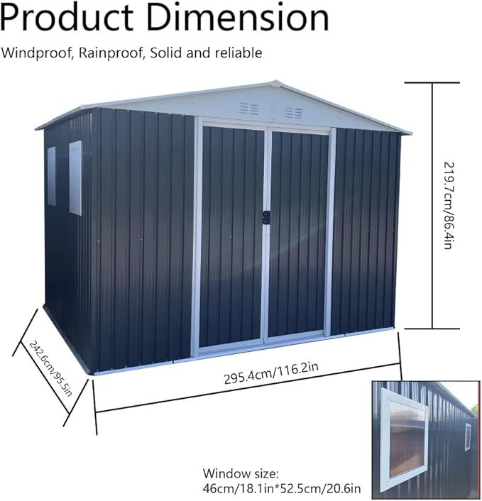 Heavy-Duty Outdoor Garden Shed with Aluminum Alloy Frame, Hinged Door, and Stable Foundation for Secure Storage (10x8 Feet Grey with 4 Transparent Window)