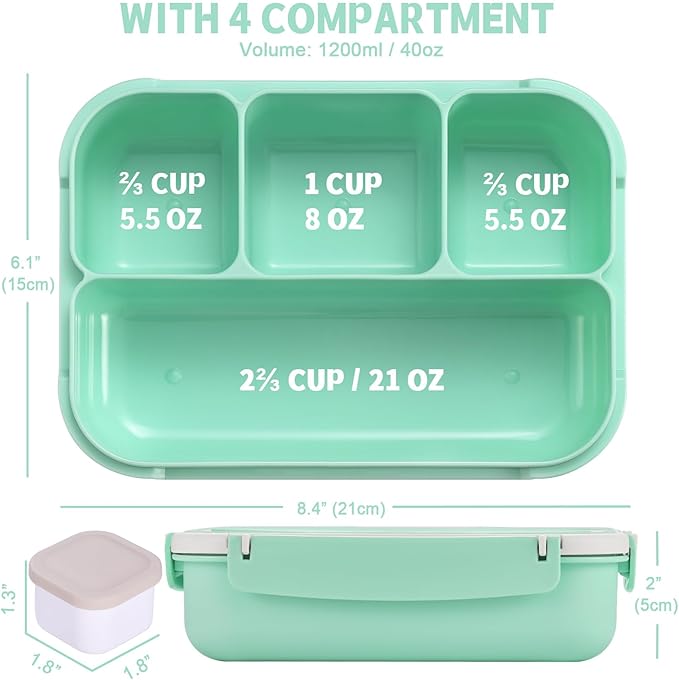 Bento Box Adult Lunch Box, Lunch Containers for Kids Girls Boys with 4 Compartments, Lunchable Food Container with Utensils, Sauce Jar, Muffin Liners, 40 Oz/5 Cup, Seafoam Green
