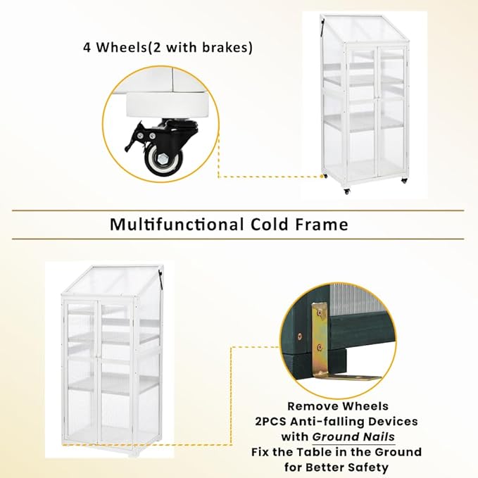 Sturdy Wooden Greenhouse for Balcony or Backyard Use with Rolling Wheels and Adjustable Shelving for Plant Growing (White + Solid Wood + Wood)