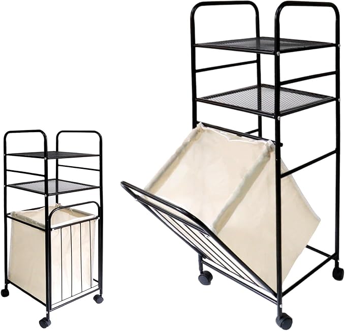 Rolling Storage Cart with Laundry Hamper, 3-Tier Rolling Utility Cart, Removable Laundry Basket - Metal Storage Organizer with Lockable Wheels for Bathroom - 80L, 14.4" x 13.8" x 39.7"