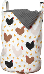 Ambesonne Hen and Chicks Laundry Bag Pack of 2, Farm Themed Continuous Pattern with Cartoon Domestic Birds and, Hamper Basket with Handles Drawstring Closure, 13" x 19", Black Brown