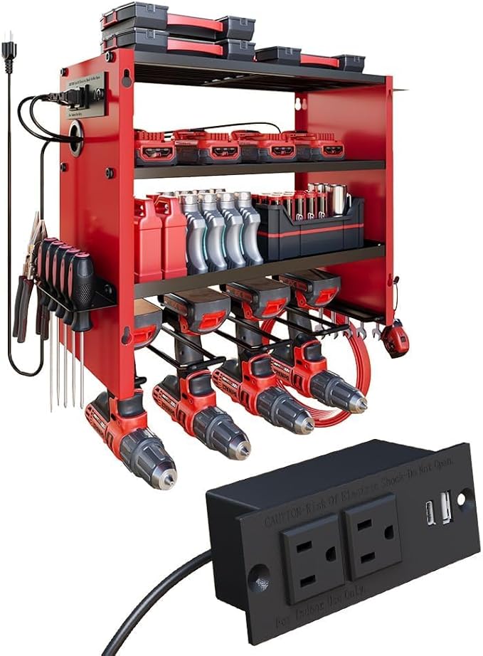 4 Layers Power Tool Organizer Wall Mount with Power Strip, Heavy Duty Metal Tool Shelf, 400lbs Capacity for Cordless Drills, Batteries & Garage Storage (4 Slots with 2 Outlets Power Strip)