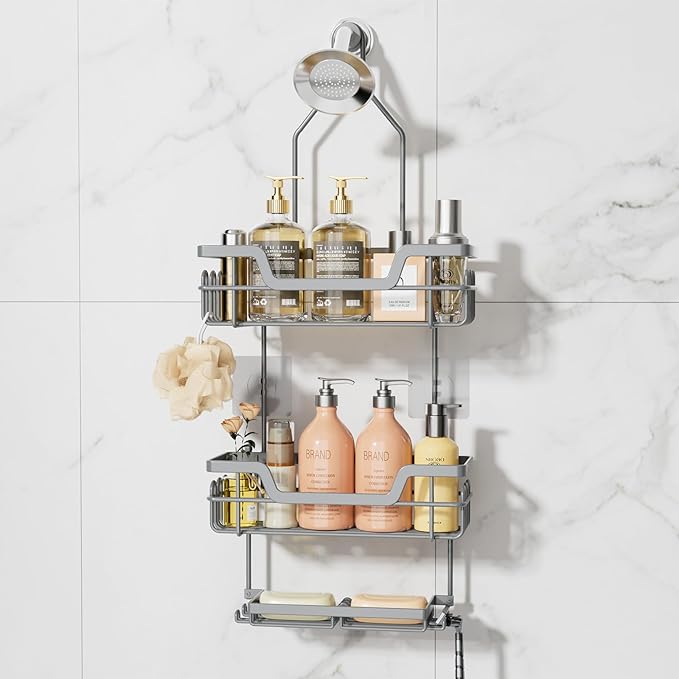 SWTYMIKI Bathroom Shower Caddy Hanging - 3 Tier Rustproof Over Shower Head Organizer, No Drilling Bathroom Shelf with 16 Hooks & Soap Holder, Anti-Swing Rack for Shampoo,Sponge,Towel, Silver, Large