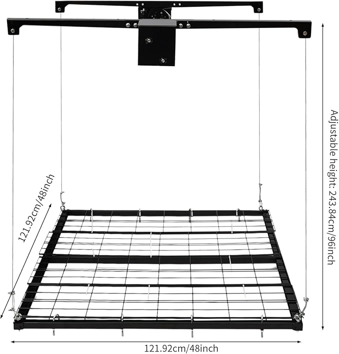 Overhead Garage Storage Rack, 4x4Ft Ceiling Storage Lift 96in Adjustable Height Garage Storage Organization Systerm, Heavy Duty Metal Garages Ceiling Storage Racks, 250lbs Load Capacity (Matte Black1)