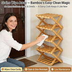 The 9-Tier No-Assembly Bamboo Rack, Foldable Stackable 9 Tier Bamboo Shoe Rack Vertical Storage Sturdy & Stable, Tall Narrow Space-Saving Expandable Shoe Rack for Entryway Closet Dorm (Brown,5 Tiers)