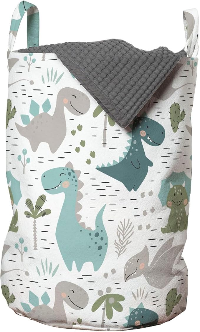 Ambesonne Cartoon Laundry Bag Pack of 2, Smiling Dinosaurs with Palm and Cactus, Hamper Basket with Handles Drawstring Closure, 13" x 19", White Seafoam