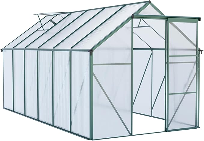 6X10FT Greenhouse for Outdoor, Polycarbonate Greenhouse with Raised Base and Anchor, Heavy-Duty Walk-in Green House with Adjustable Roof Vent and Gutter System for Patio,Backyard (Green, 6x12 FT)