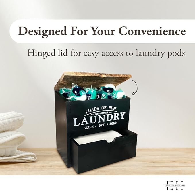 Wooden Laundry Pods Container - Multi-Use Laundry Containers for Organizing - Laundry Pod Dispenser - Detergent Pods & Dryer Sheet Container (Black)