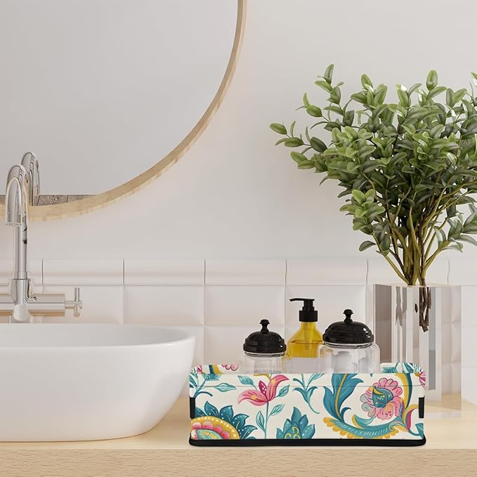 Toilet Tank Topper Paper Basket with Handle, Vintage floral Bathroom Storage Basket for Organizing, Small Fabric Storage Bins for Bathroom Decor