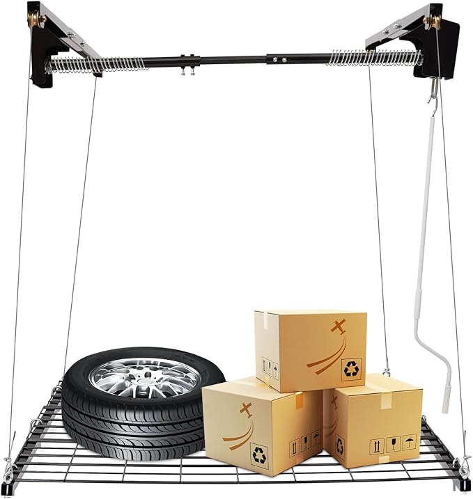 Overhead Garage Storage Rack Metal Garage Ceiling Storage Rack Ceiling Shelf Overhead Organization 300lbs Load Bearing Capacity Max Adjustable Height: 79in (48 * 48in L*W, Satin Black)