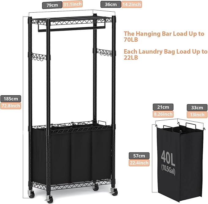 Rolling Laundry Basket Organizer with Wheels and Hanging Bar, Laundry Hamper Cart Laundry Sorter 3 Section, Dirty Clothes Hampers for Laundry Bedroom Bathroom w/ 3 Removable Bags, Black