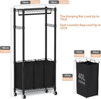 Rolling Laundry Basket Organizer with Wheels and Hanging Bar, Laundry Hamper Cart Laundry Sorter 3 Section, Dirty Clothes Hampers for Laundry Bedroom Bathroom w/ 3 Removable Bags, Black