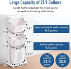 Japard 83 Litres Rolling Laundry Hamper Ultra Slim, Vertical 3 Sorter Cart with Wheels and Breaks, 3-tier Baskets Detachable for Dorm, Closet, Easy Assembly White Gray