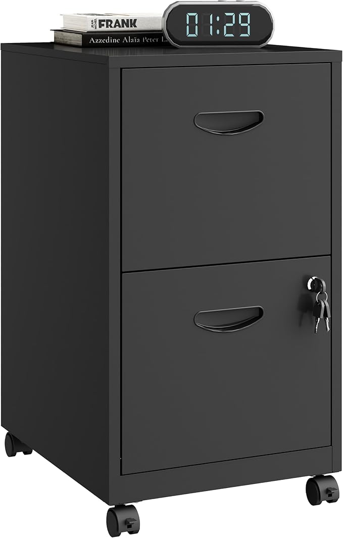 2 Drawer File Cabinet on Wheels, Mobile Two Drawer Filing Cabinet with Lock, Small Rolling Files Cabinets for Under Desk, Metal Filing Cabinets for Letter Size Folders - Assembly Required