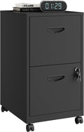 2 Drawer File Cabinet on Wheels, Mobile Two Drawer Filing Cabinet with Lock, Small Rolling Files Cabinets for Under Desk, Metal Filing Cabinets for Letter Size Folders - Assembly Required