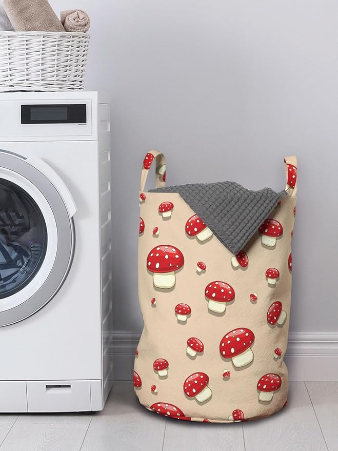 Ambesonne Mushroom Laundry Bag Pack of 2, Woodland Themed Illustration of Spotted Toadstool Summer Season Forest Cartoon, Hamper Basket with Handles Drawstring Closure, 13" x 19", Ivory Red
